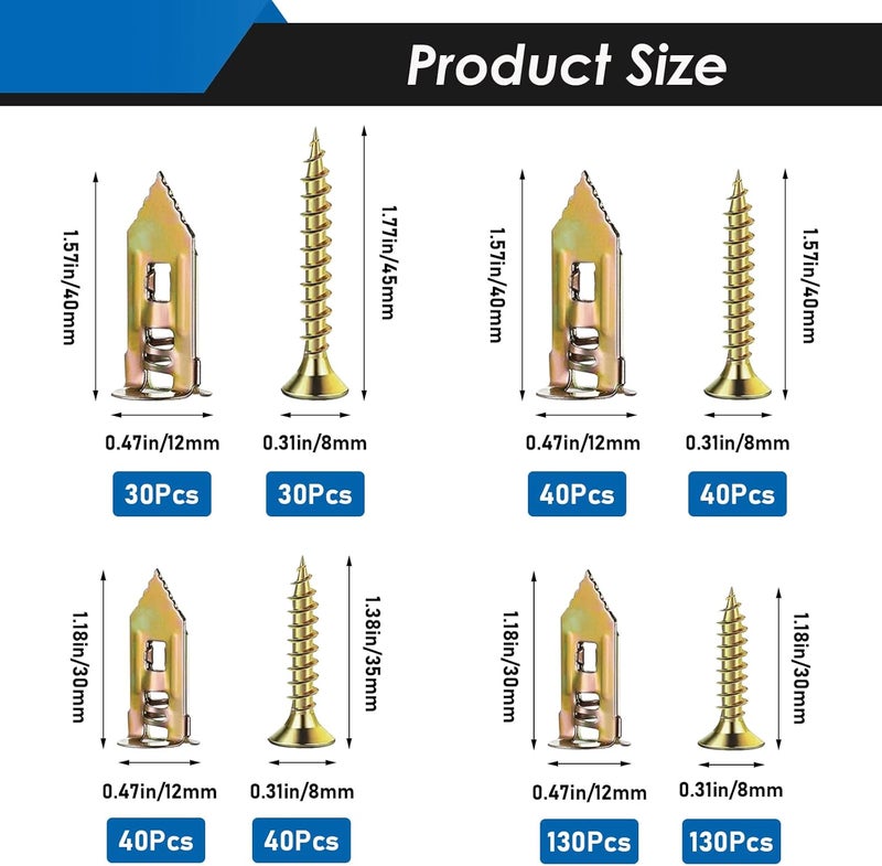 Eoppen 480Pcs Self Drilling Drywall Anchors with Screws Kit, 2 Sizes Sheetrock Anchors & 4 Sizes Expansion Screws, Zinc Plated Steel Drywall Anchors No Drilling Required Holds Up to 66lbs - Image 3
